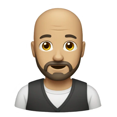 A middle-age man with a brown beard and a bald head sticker
