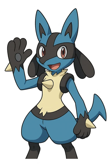 Lucario, friendly expression, waving, blue and black fur, anime-inspired sticker