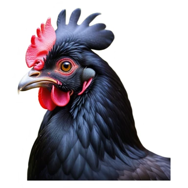Cinematic Noble Black Chicken Portrait Emoji, Poised and regal, with a compact, sturdy build and a glossy, well-groomed pure black plumage, deep-set soulful beady eyes, Simplified yet sharp and sophisticated features, highly detailed, glowing with a soft, dignified glow, high shine, intelligent and alert, stylized with an air of mysterious elegance, focused and attentive, soft glowing outline, capturing the essence of a watchful and confident fowl, so majestic it feels as though it could strut out of the screen with effortless authority! sticker