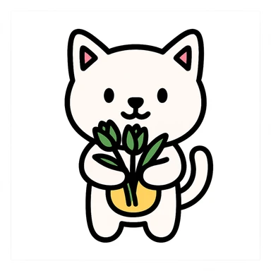 white cat holding green tulips sticker