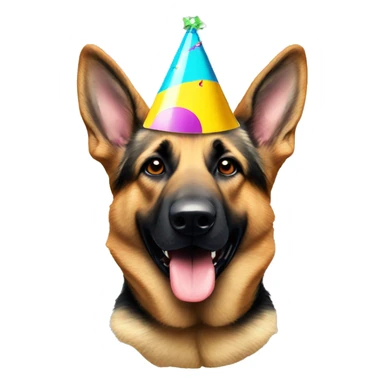 German shepherd wearing a party hat sticker