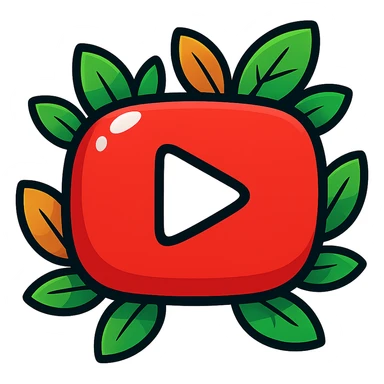 Extra plump, rounded YouTube logo in vibrant toon style with bold black outline, sharp graphic solid shadows, and glossy highlights. No gradients; shadows and highlights are solid and distinct, not soft or 3D. Emphasize a drawn, illustrated look with solid bright colors, no background, and bright leaves around the logo. Make the shapes even rounder and softer, flat and cartoonish. sticker