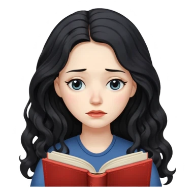 Long Hair Women with Book, Black wavy hair, sad

 sticker