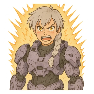 making an angry scowl rage face, rage aura,  female, wearing reach spartan armor shoulder-unequip, long white braid hair with massive messy front side single bangs, gold yellow eyes, attention pose, D-cup size, HALO:series, no helmet, the armor is lavender color scheme, sticker