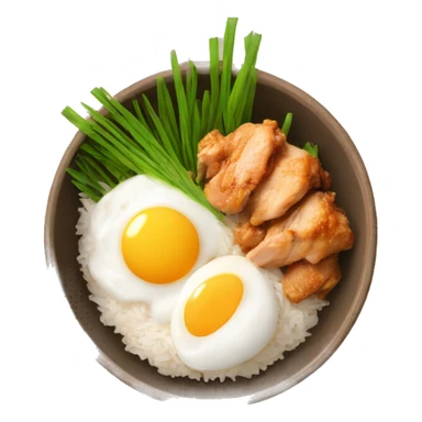 a bowl of rice with two eggs and chicken thigh upright sticker