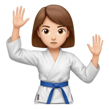 Ragazza castana che pratica karate, ha la cintura nera ed io tradizionale kimono bianco del karate, in posizione di guardia sticker