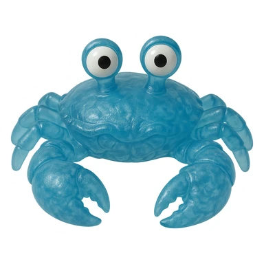 hyper-detailed retro 90's toy style see-through semi-transparent blue plastic crab with derpy eyes soft plastic soft reflections soft and squishy some cloudiness not shiny highly detailed appealing no tag no background sticker