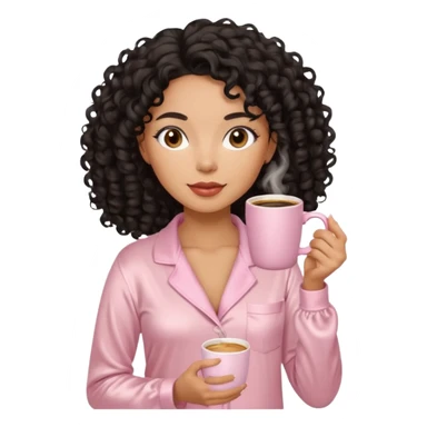 Mixed-race woman with caramel skin and black curly hair, slim thick figure, wearing beige satin pajamas, holding a pastel pink coffee cup, minimal background sticker