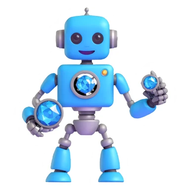 smiling robot holding a blue diamond with a sci-fi background sticker