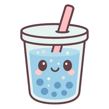 cute blue drink in a cup with a smiling face, bubbles and a straw, kawaii style sticker