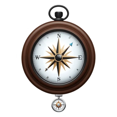 Clear glass orb with black compass needle pointing right, suspended by thin brown leather cord, bright white glowing dial face with dark rim sticker