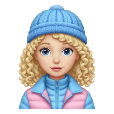 Curly longe blonde hair lady with pink and blue pastel jacket and blue pastel winter hat sticker