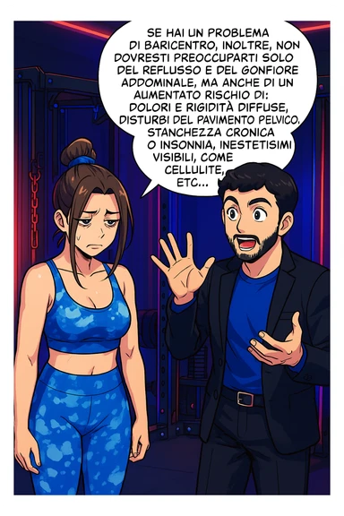 TRASFORMA QUESTO CAROSELLO IN UN FUMETTO STILE WEBTOON/MANGA A COLORI CON QUESTE DUE PERSONE IDENTICHE CHE INTERLOQUISCONO TRA LORO, L'uomo sta spiegando alla donna questo concetto:

Se hai un problema di baricentro, inoltre, non dovresti preoccuparti solo del reflusso e del gonfiore addominale, ma anche di un aumentato rischio di:
    • dolori e rigidità diffuse
    • disturbi pavimento pelvico
    • stanchezza cronica o insonnia
    • inestetismi visibili, come celluluite
    • etc… sticker