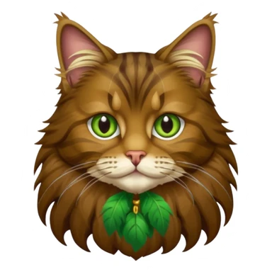 je veux un emoji chat main coon marron foncé  à poil long avec les yeux vert jaunes, en entier assis stp  sticker