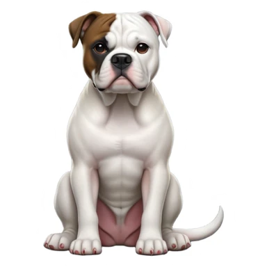 cinematic-[american bulldog]-realistic-full-body-sitting-emoji,-tail-resting-loosely-beside-its-paws,-head-tilted-dramatically,-sleek-[pied black]-fur,-simplified-yet-realistic-focused-features,-highly-detailed,-glowing-with-an-almost-sarcastic-glow sticker
