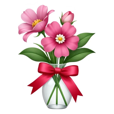One pink flower and one white flower in transparent bouquet with red band  sticker