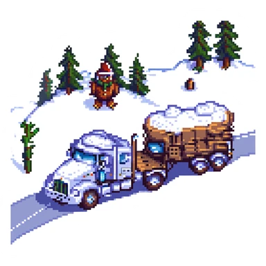 2026 Kenworth W680 flat top semi sleeper with stacks chasing an abominable snowman down the road, pixel art style sticker