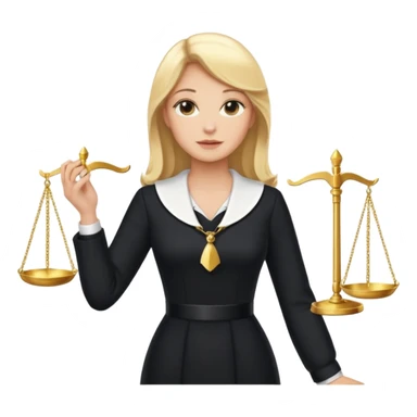 woman lawyer blanche et blonde habillée avec une longue robe noire et un col blanc, avec la balance de la justice derrière elle sticker