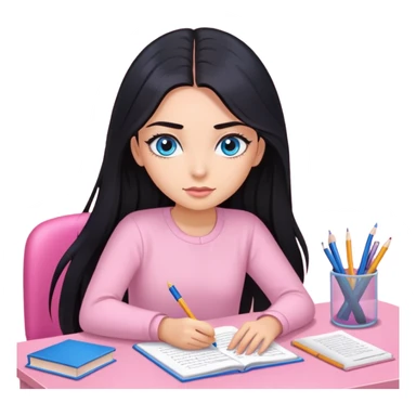 Girl with long black hair, blue sharp eyes, eyelashes, studying on a pink desk sticker