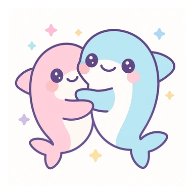 two sharks hugging, kawaii style, cute and round sticker