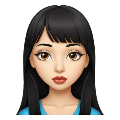 Indian girl with straight long hair and a fringe, big lips, slightly slanted eyes, winged eye liner sticker