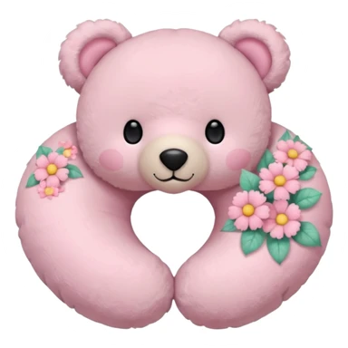 soft pink teddy bear, floral neck pillow with pastel flowers sticker