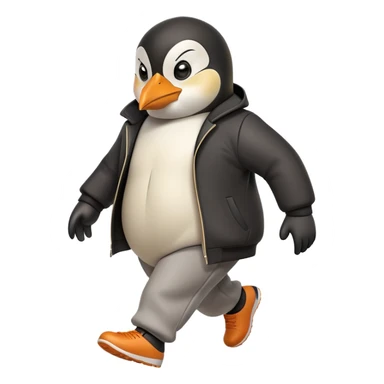 friendly anthropomorphised penguin wearing a mafia-style tracksuit, angry expression, tense hurried stride sticker