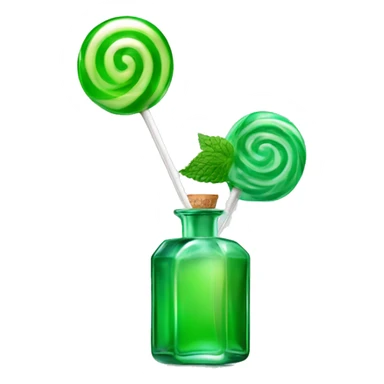 A glass bottle of perfume, like a lollipop, mint, glossy and emerald, shiny, rectangular in shape with a heart-shaped lollipop in the middle sticker