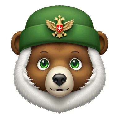 Cute brown bear face with bright green eyes wearing white fluffy ushanka hat with detailed Russian double-headed eagle emblem clearly visible in center, iOS emoji style sticker
