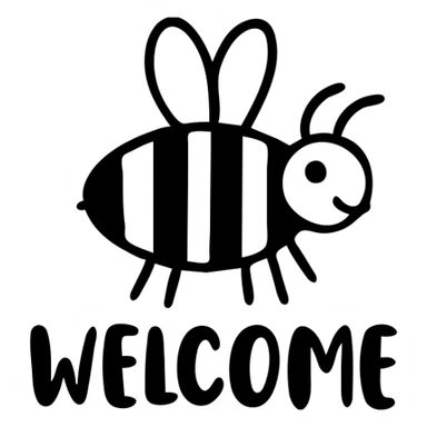 Welcome sign with honeybee, black and yellow colors, 'WELCOME' text sticker