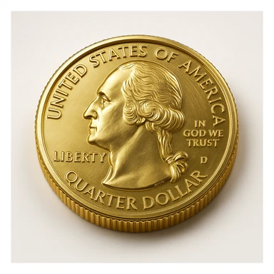 a gold coin with a quarter design, shiny and metallic, detailed engraving, realistic style sticker