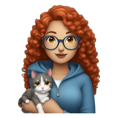 a curvy girl with red curly hair and blue glasses with a white and gray cat in her arms sticker