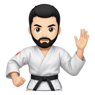 Dizzy fighter emoji, karate gi, swirling eyes, trimmed beard, medium-length black hair, short sides, hair forward, simple style. sticker