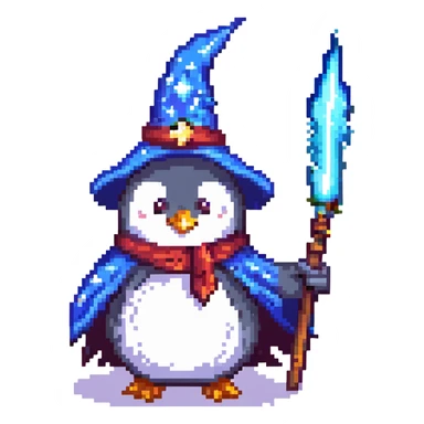 A penguin wizard with a glowing wand and a starry cloak, casting a spell sticker