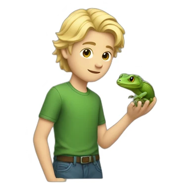a white boy holding a lizard, wearing a green shirt with side swept blonde hair sticker