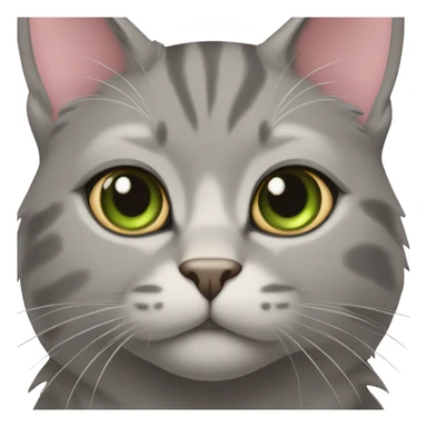 All grey and tan cat with tan spot on her forehead. Green eyes and pink nose sticker