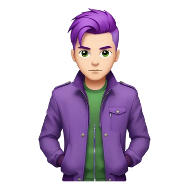 Confident man with purple hair and stylish green jacket, powerful stance like Thanos, modern fashion sticker