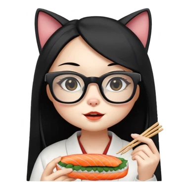 cute girl cat with long straight hair and really big square glasses with super thin frames eating sushi sticker