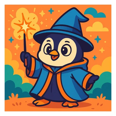 cute penguin wizard casting a spell, wearing a robe and holding a wand, cartoon style sticker