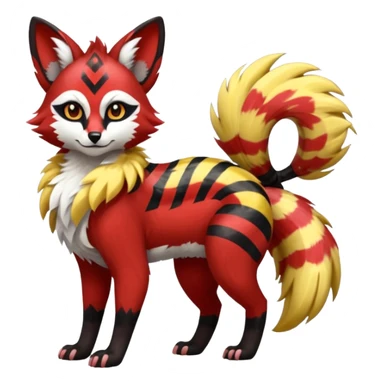 Futuristic sanguine-red banana-yellow black chevron-marked furry fluffy floofy feathery tribal marked Genet-Absol-Kyurem-Zeraora-Primagen-fusion-creature  sticker