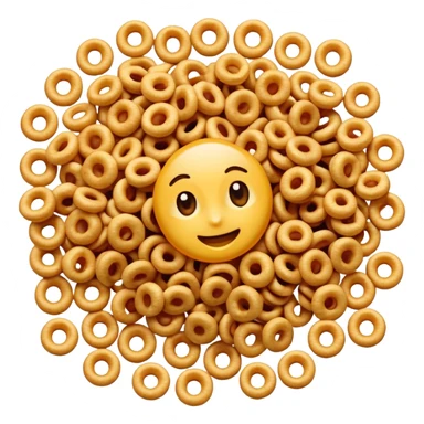 small scatter of dry breakfast cereal loops or flakes in golden brown tones, crisp and lightly textured, soft lighting, subtle shadows, emoji scale sticker