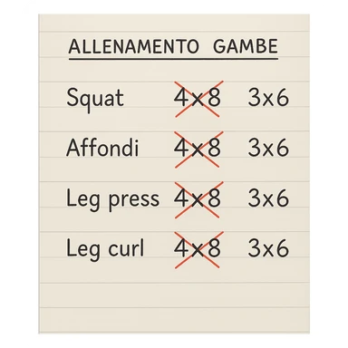 foglio di carta con scheda di allenamento gambe in italiano con volume di allenamento ridotto (fai alcuni esercizi con 4x8 scritti in precedenza sbarrati in rosso e la correzione accanto tipo 3x6), scrivila al meglio che puoi sticker
