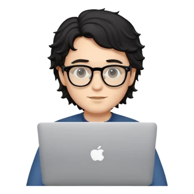 guy with wavy black hair and skin tone a little bit white and glasses, with a macbook sticker