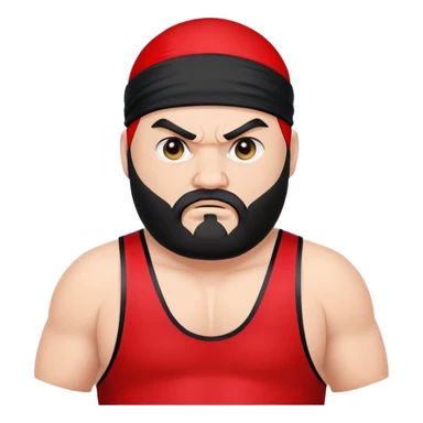 White skin fat guy with prominent black durag, black beard, black eyes in a red and black wrestling singlet with angry face sticker