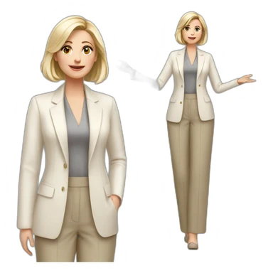 Full height Actively gesturing with hands pale skin woman with ash blonde Straightened bob Hair, White Spacious classical jacket, beige palazzo Arrow pants and gray blouse sticker