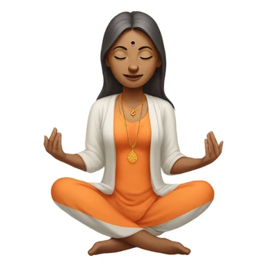 Indian female yogi with meditative expression.  sitting in a lotus position. She wears a sleeveless pastel-colored shirt paired with a flowing orange robe, symbolizing traditional yogic attire. A small red bindi adorns her forehead sticker