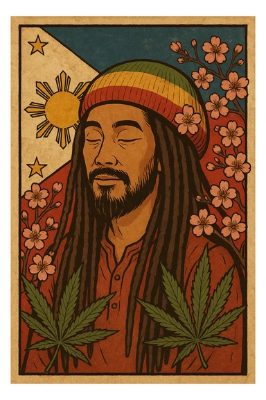 Vintage poster of an Asian Rasta with long dreadlocks, peaceful eyes, and a red-gold-green tam. Surrounded by cherry blossoms and ganja leaves. Background Asian flag. Retro reggae fusion vibe, with bold lines and aged paper texture. Philippines with the actual flag
 sticker