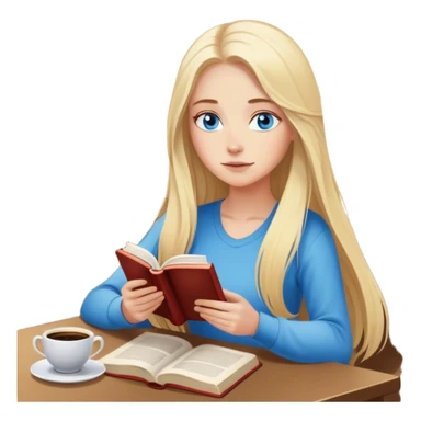 Cinematic realistic blonde with long hair and blue eyes, sitting reading a book, coffee is on the table next to her sticker