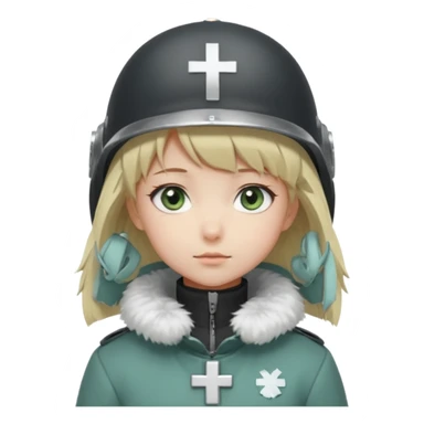 a cute anime girl with short blonde hair and soft bangs, large light blue eyes, and a gentle, calm expression. She is wearing a dark gray helmet with a small cross symbol on the front and a green coat with a fluffy white fur collar. Minimalistic, soft, and innocent character design. sticker