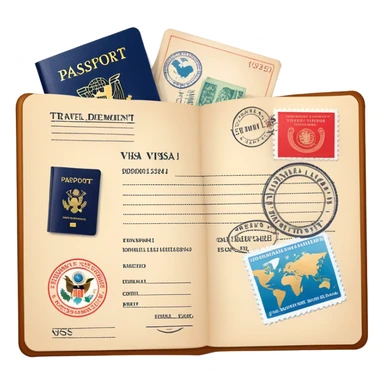 Travel visa document with stamps and passport sticker